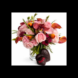 Romantic Blush Floral Arrangement With Chocolate Heart