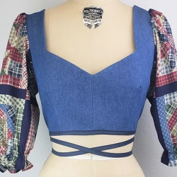 Quilt Print & Denim Puff Sleeve