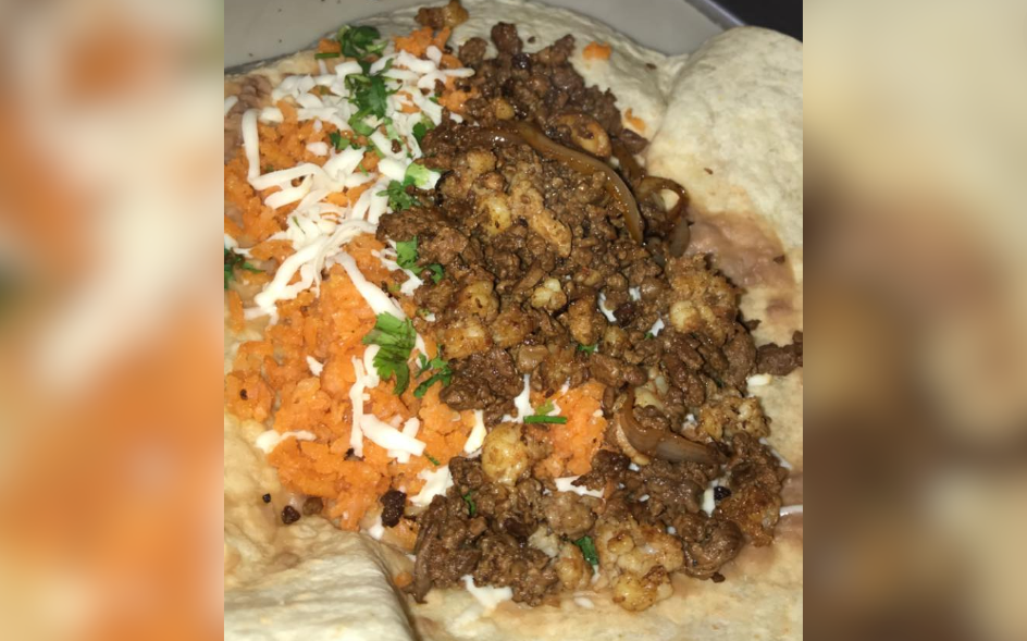 Shrimp Steak Fried Onion Burrito