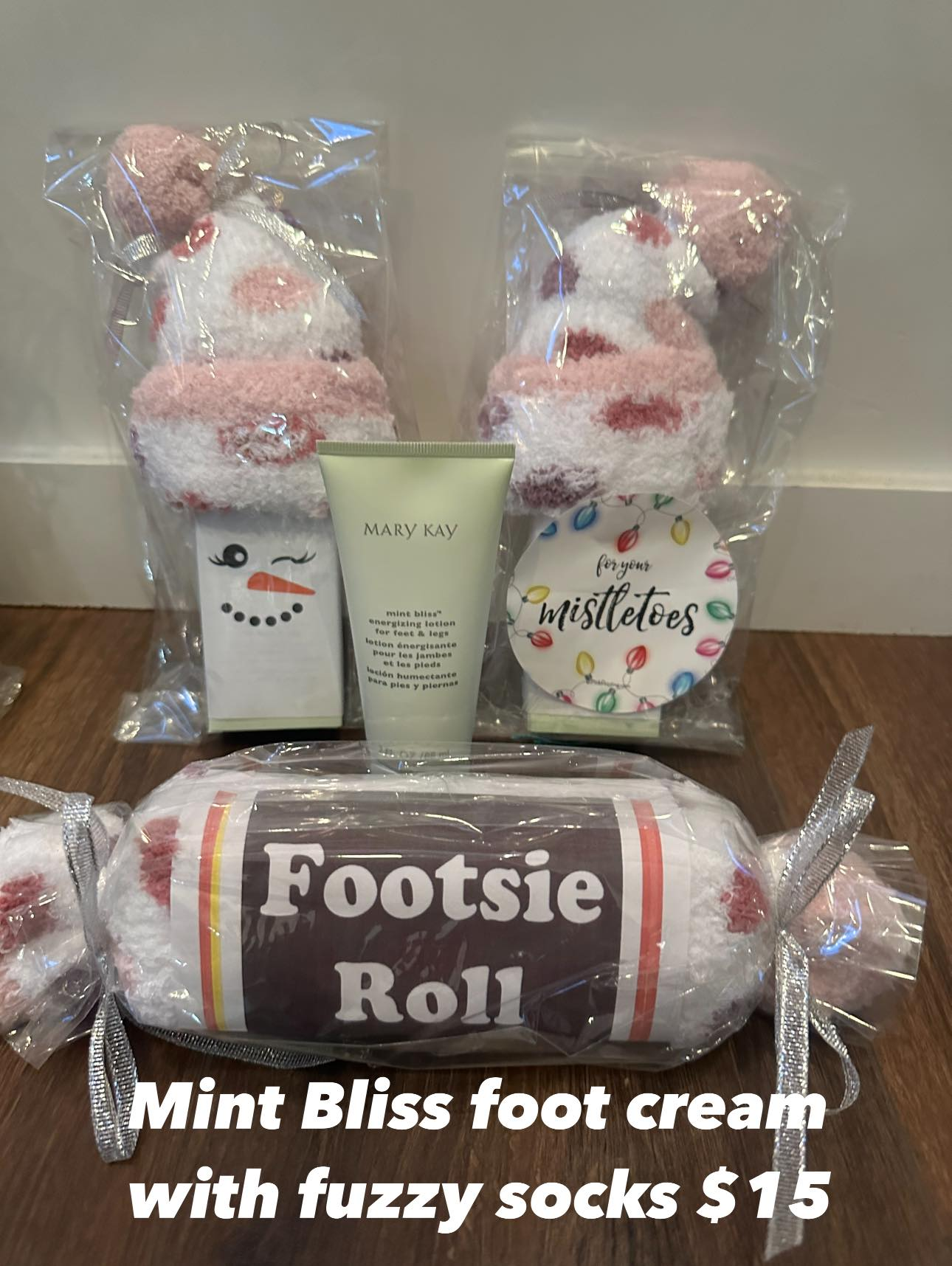 Mint Bliss foot lotion & fuzzy socks wrapped cute