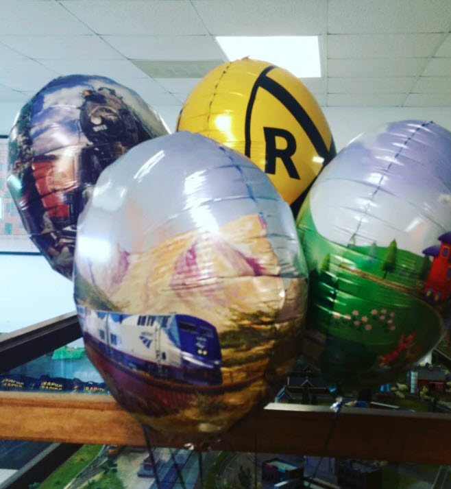 Train balloons,whistle stop balloons, 