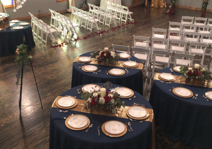 Guest tables, head table, cake/gift tables
