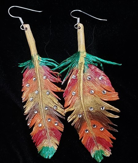 Leather Feather Earrings with Bling
