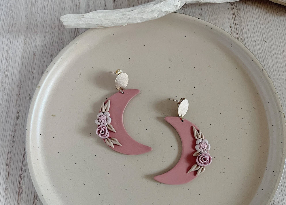 Boho Floral Moon Clay Earrings on Gold Coin Post 