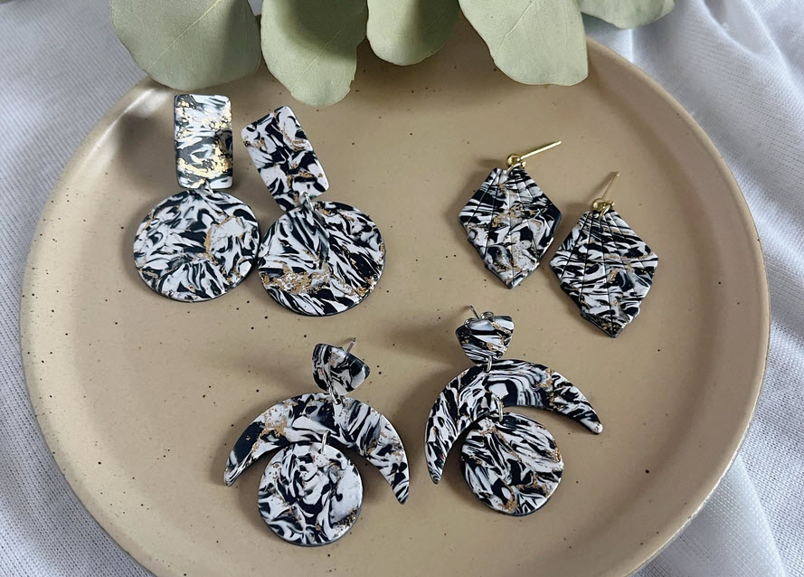  Black & White Marble with Gold Collection|Polymer Clay Earrings